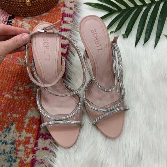 SCHUTZ Ankle Strap Leather Rhinestone Louise Embellished Strappy Sandal Heel 9.5 - Picture 2 of 9